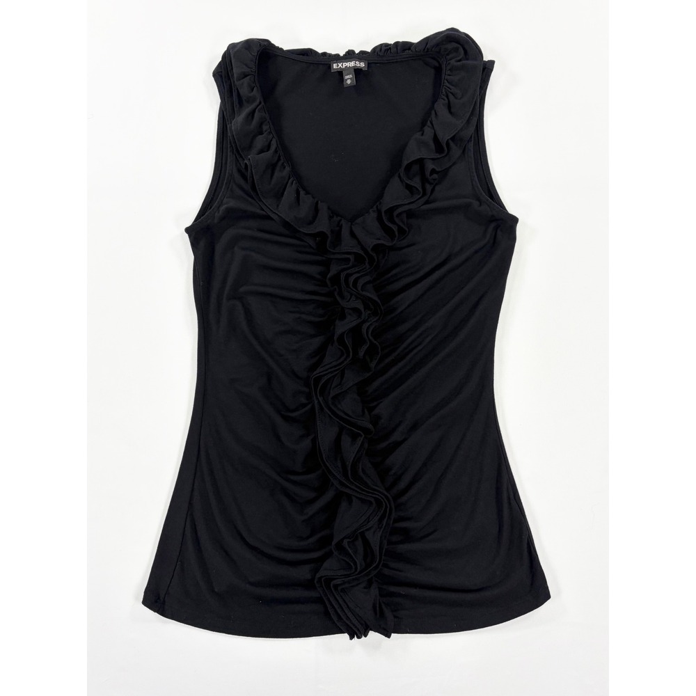 Express Black Ruffle Front Tank Top V-Neck Sleeveless Blouse Womens Extra Small